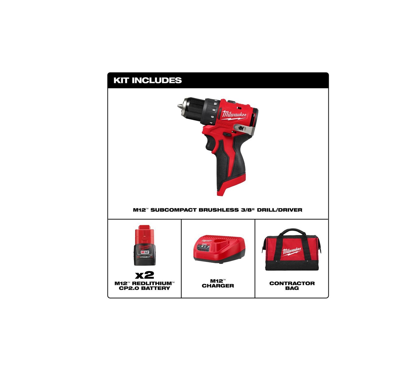 Kit de taladro/atornillador subcompacto sin escobillas Milwaukee M12 de 3/8 de pulgada 3401-22 Milwaukee - Image 2