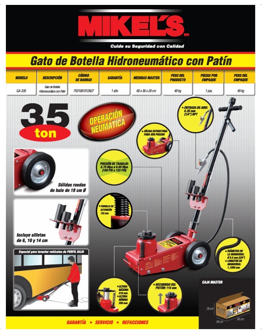 Gato de Botella Hidroneumatico con Patin 35 Ton Mikels GA-335 - Imagen 4